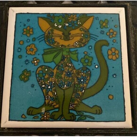 MCM Holt Howard Groovy 1970's Cat Tile Cast Iron Trivet, Wall Decor - Picture 2 of 10